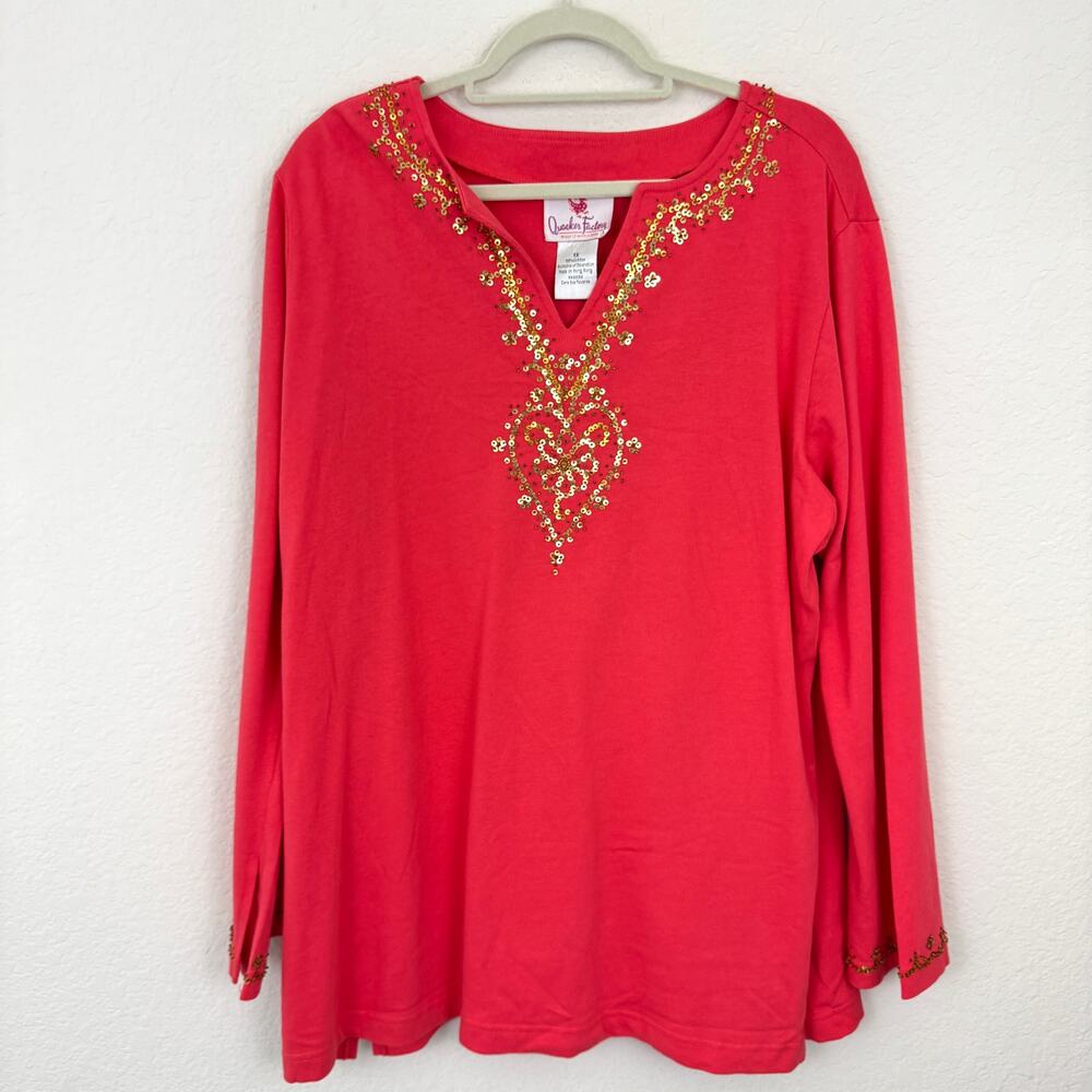 Quacker Factory Womens Top Shirt Size 1X Sequin Beaded 100% Cotton Coral